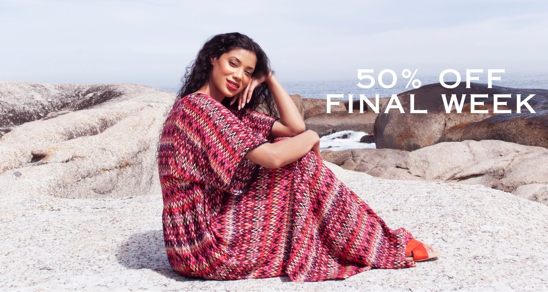 Clara kaftan dress in red Zig Zag print