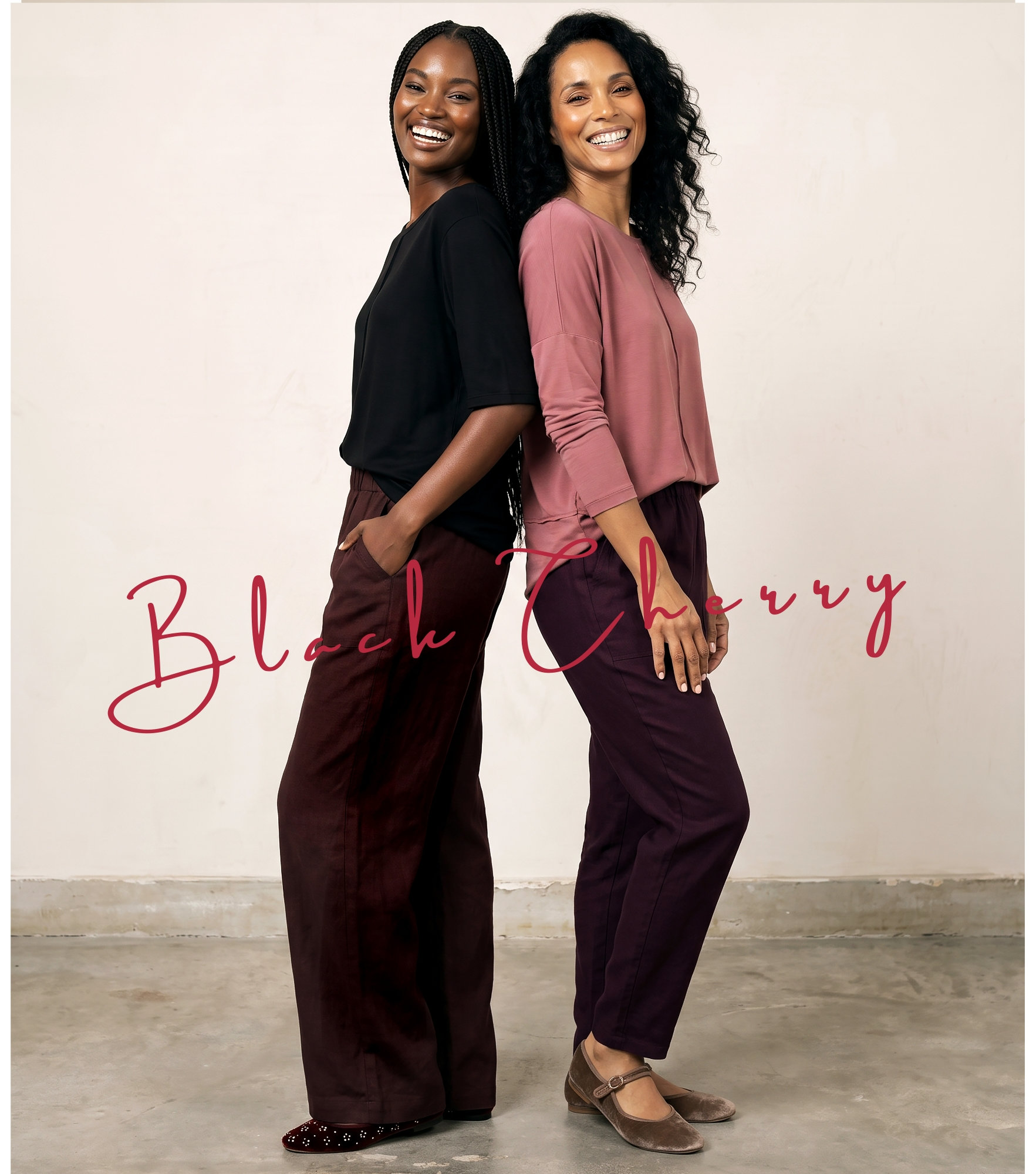 Bella jogger & Pippa wide-leg trousers in Black Cherry